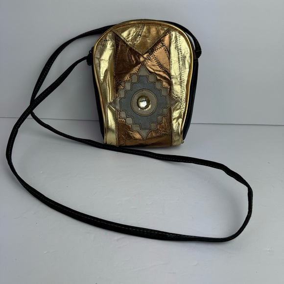 Vintage Jewel Embellished Gold Bronze Metallic Patchwork Mini Crossbody Bag 5x8 - Picture 12 of 16